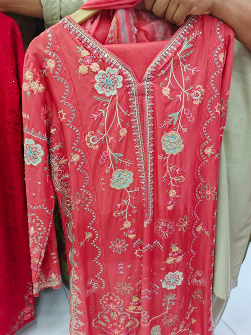 Crimson Floral Art 3-Piece Lawn Suit | W3 three-piece lawn suit