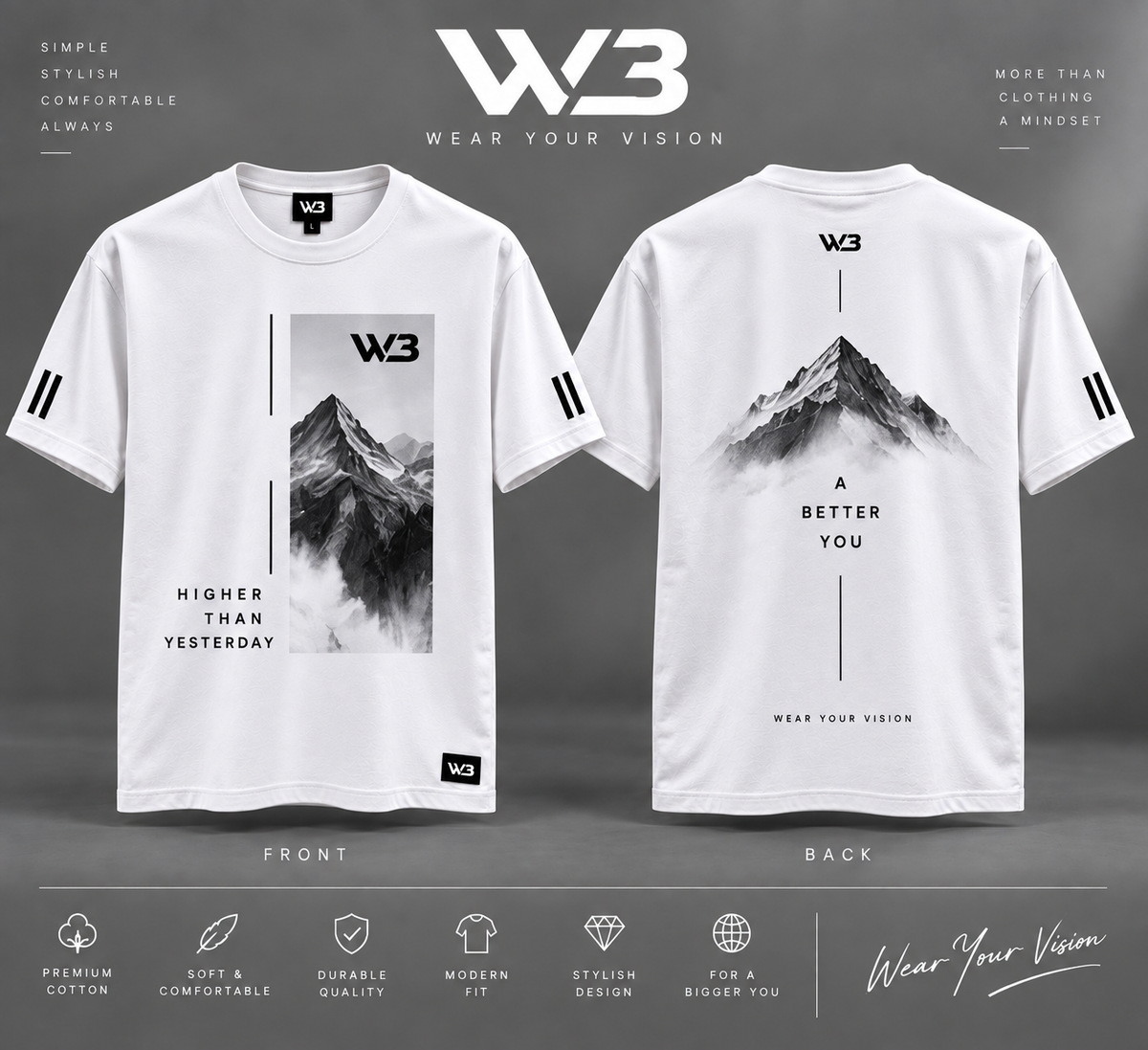 W3 Higher Than Yesterday Premium Graphic T-Shirt – White