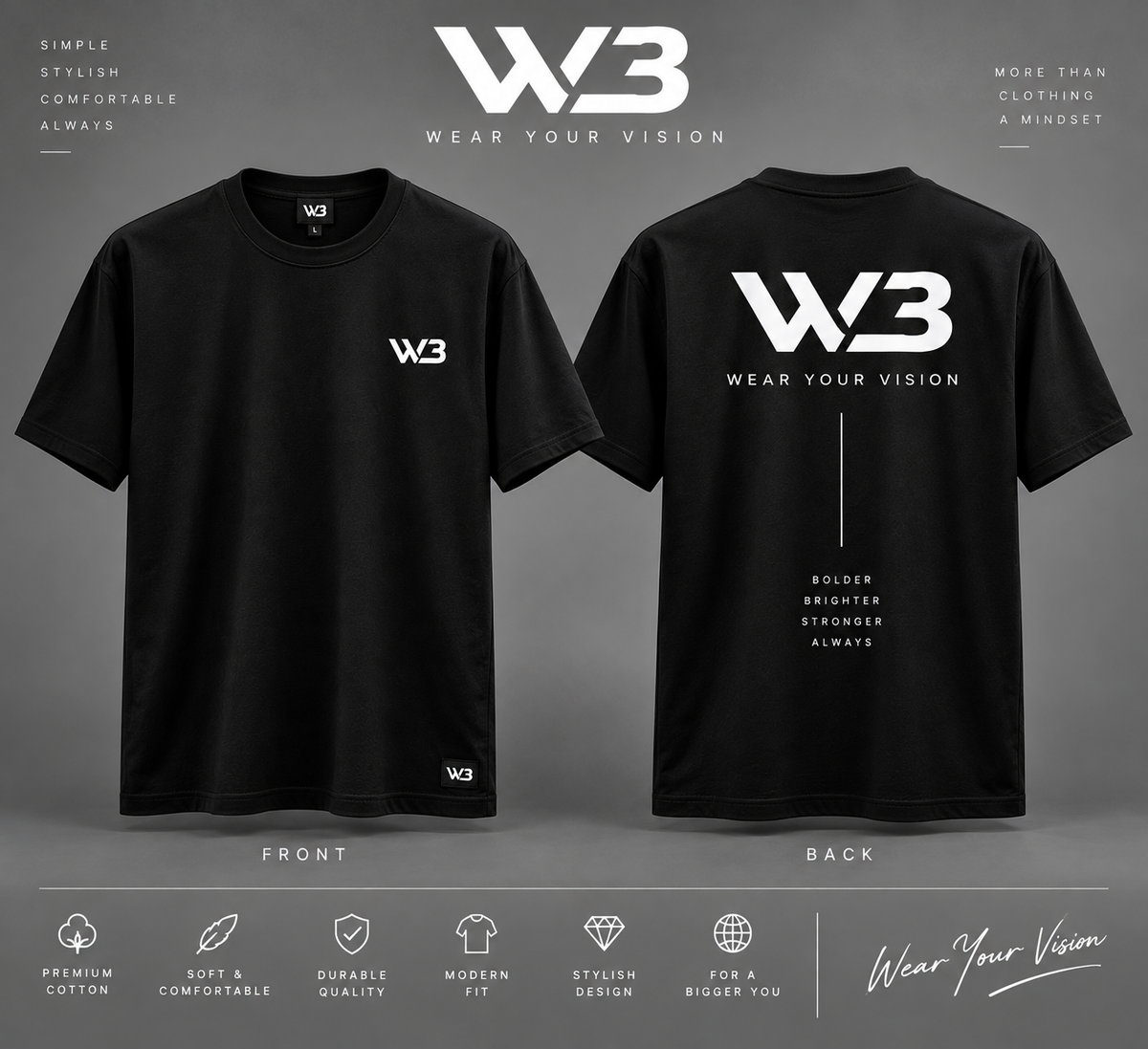 W3 Vision Black Premium Cotton Graphic T-Shirt