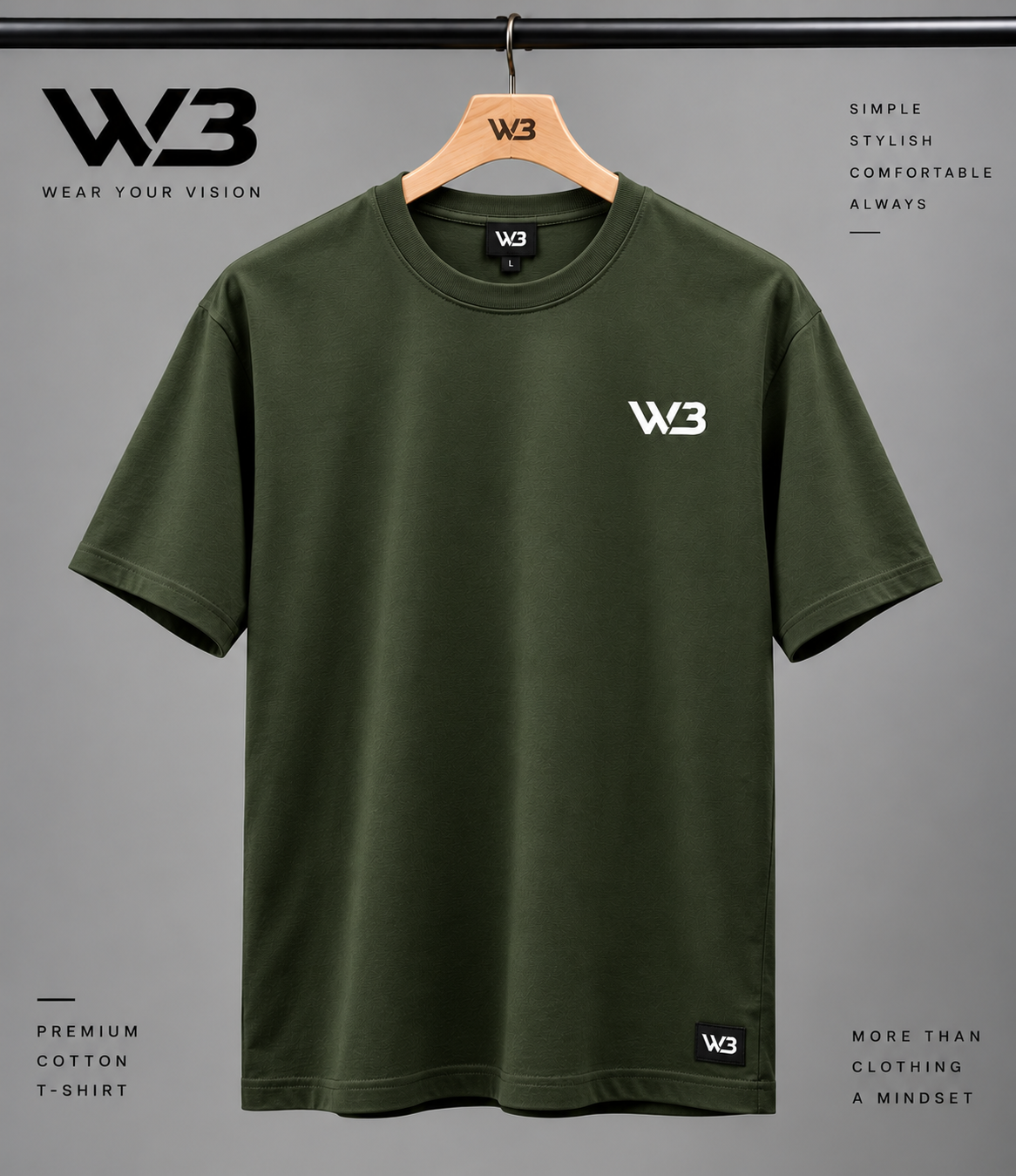 W3 Signature Olive Green Premium Cotton T-Shirt