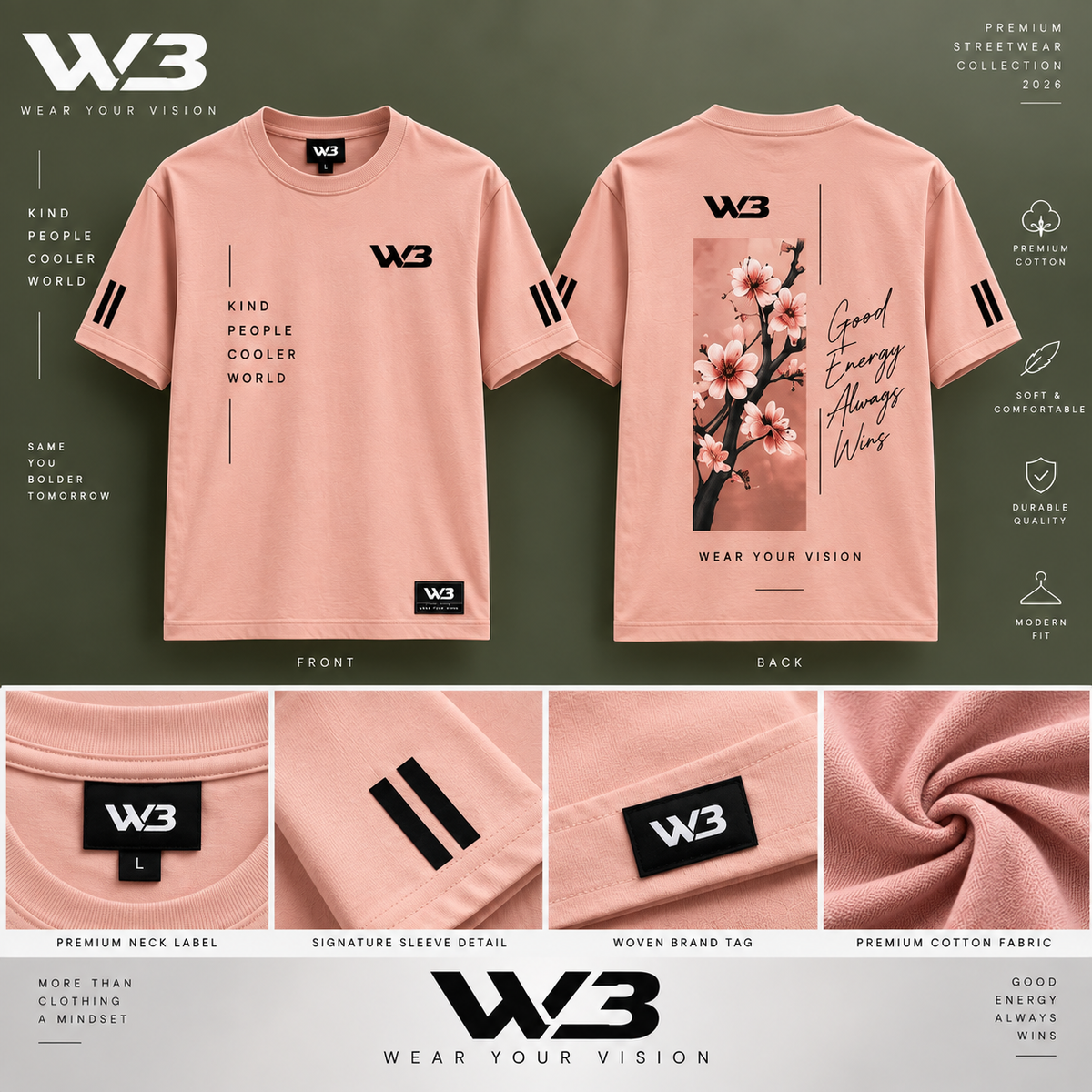 W3 Good Energy Always Wins Floral Graphic T-Shirt – Dusty Pink