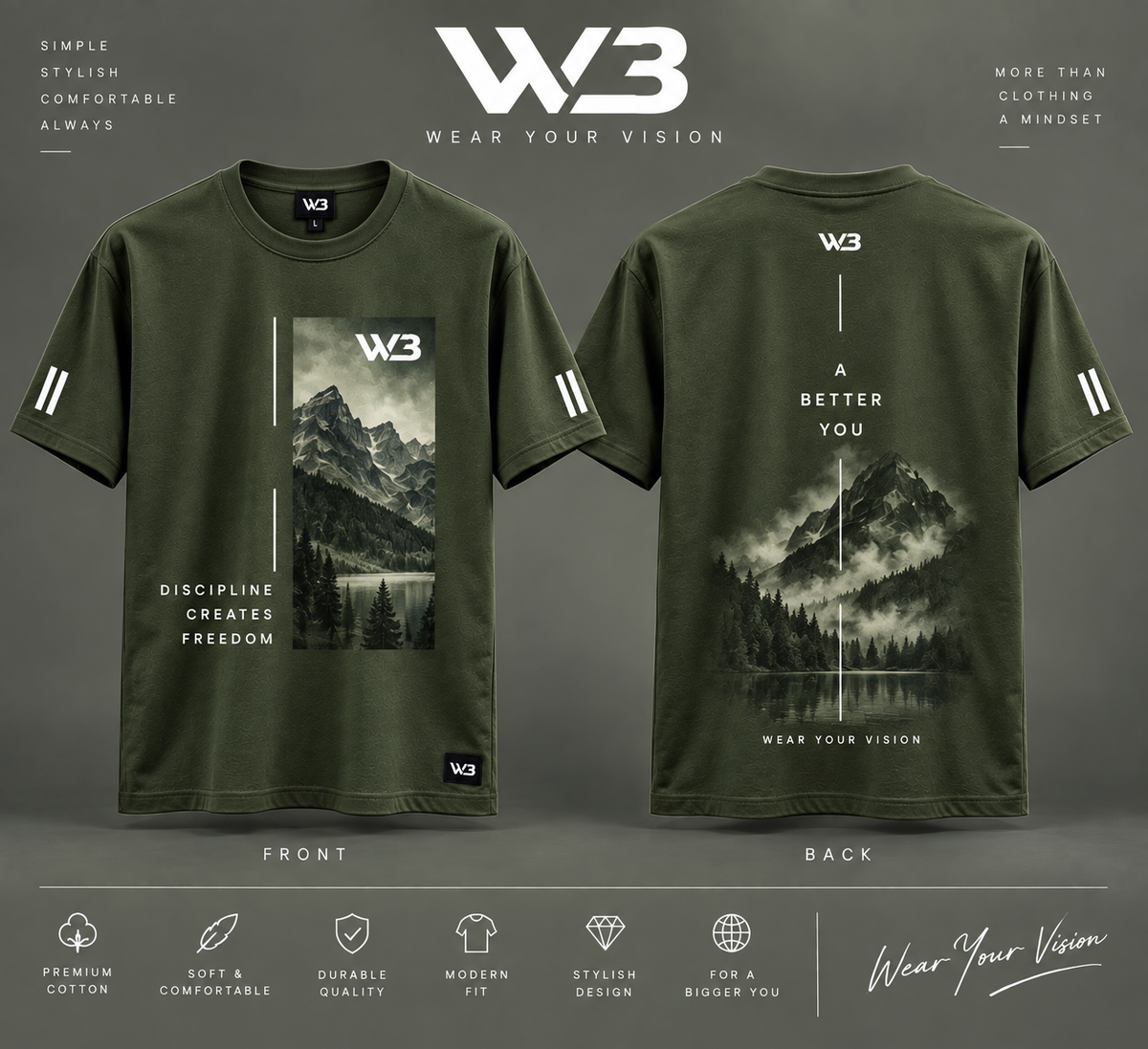 W3 Discipline Creates Freedom Mountain Graphic T-Shirt – Olive Green