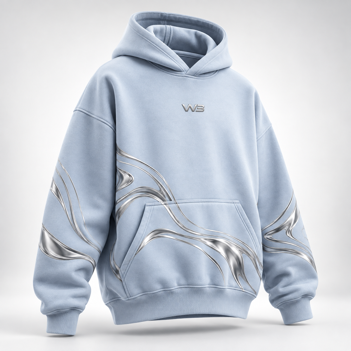 W3 Liquid Chrome Oversized Hoodie in Ice Blue