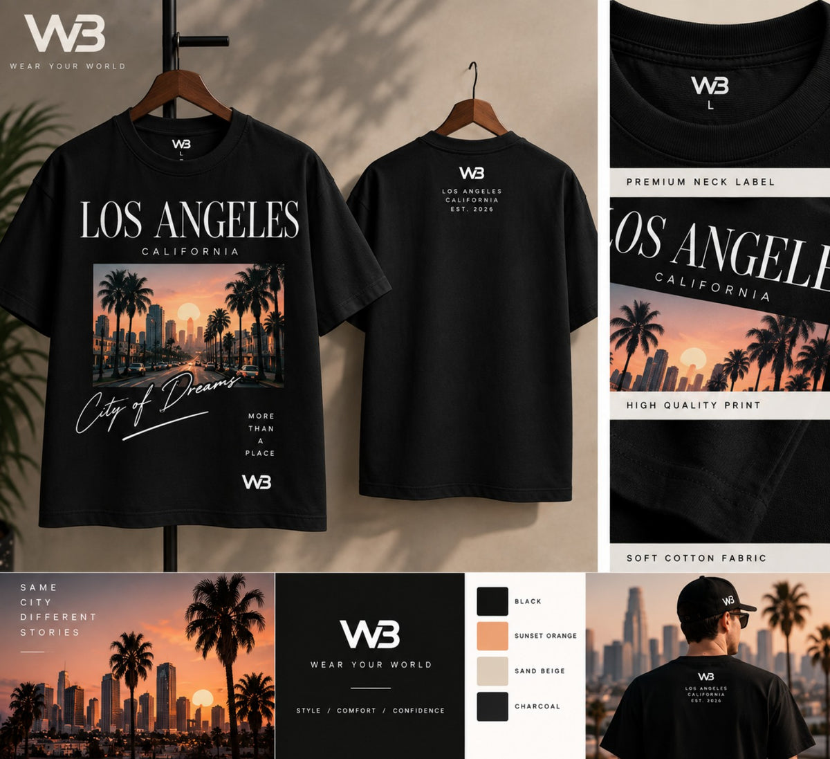W3 Los Angeles Sunset City of Dreams Black Tee