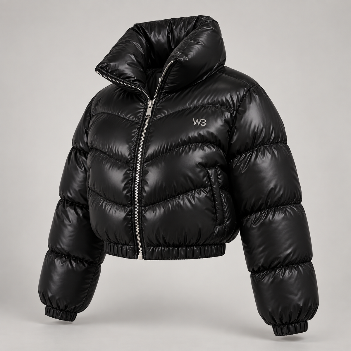 W3 Noir Gloss Cropped Puffer in Gloss Black