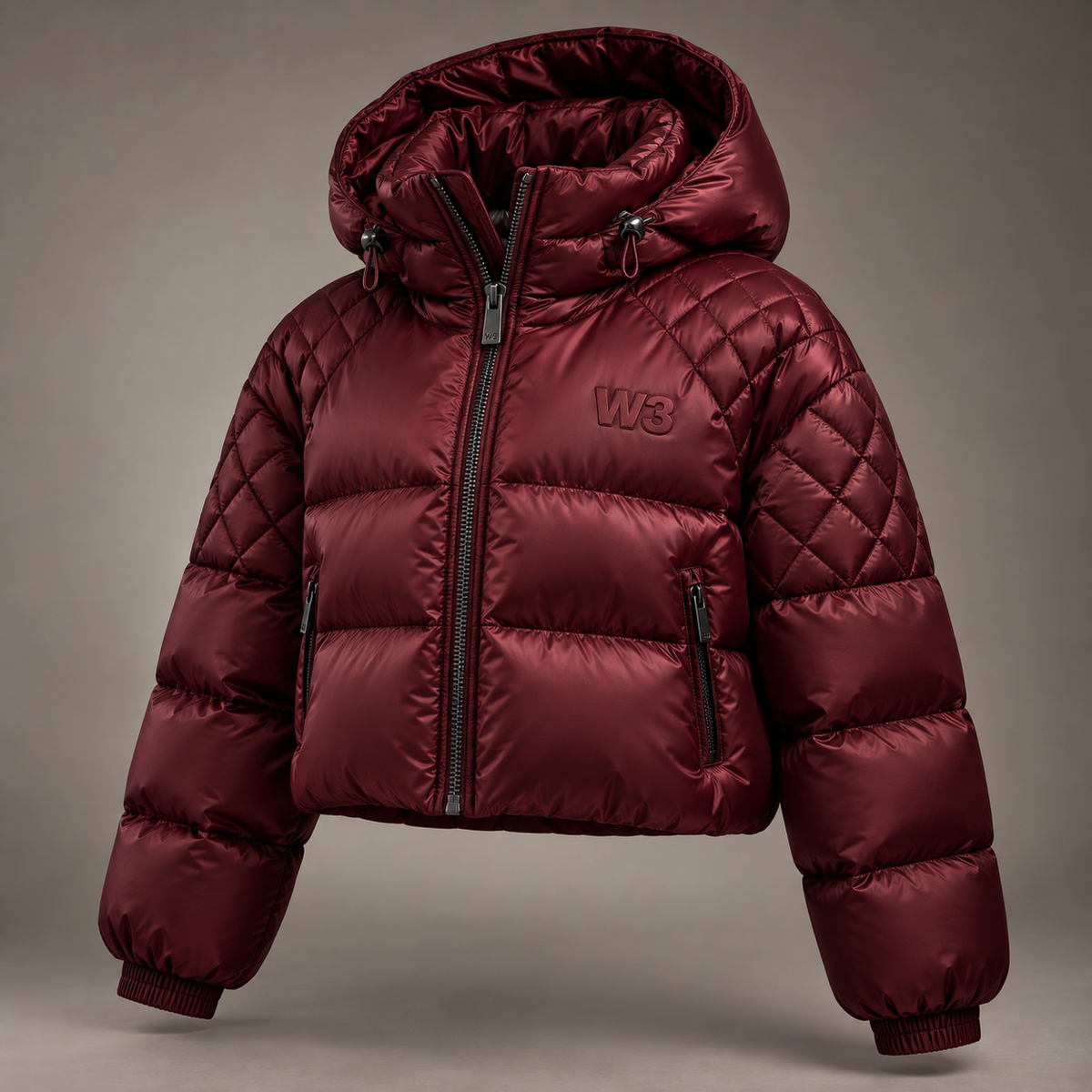 W3 Bordeaux Quilted Hooded Puffer in Burgundy