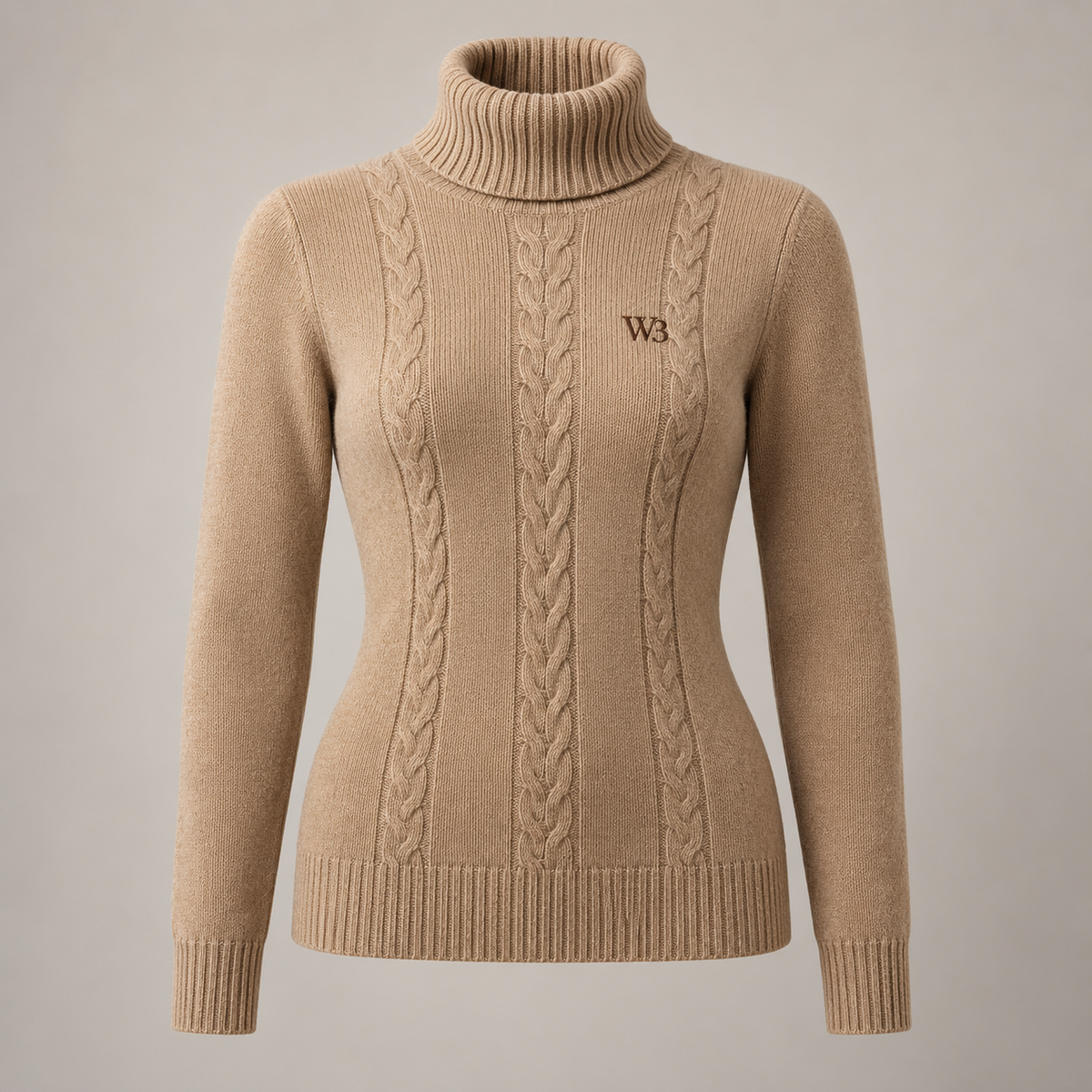 W3 Camel Cable Fitted High-Neck in Camel Beige
