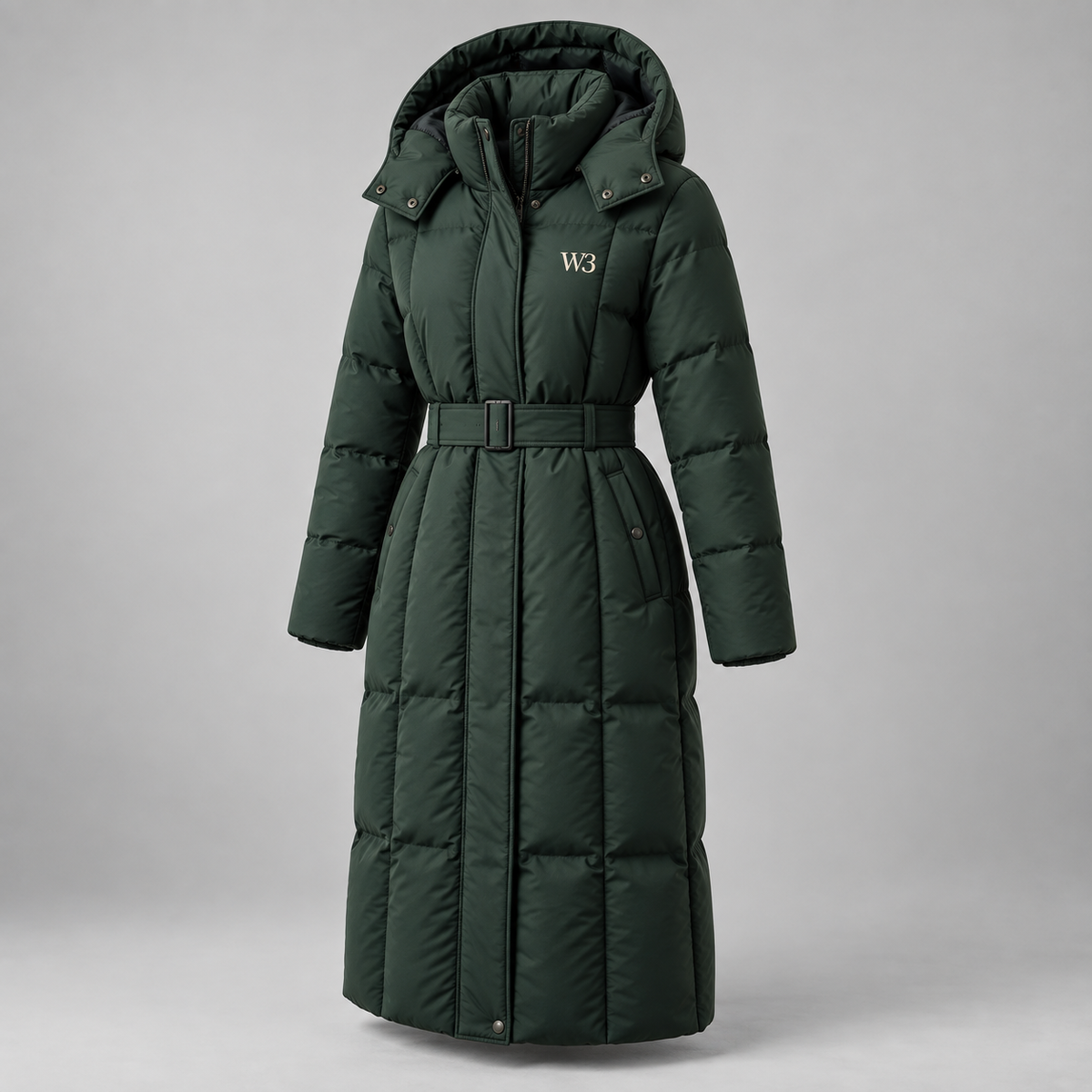 W3 Evergreen Belted Long Puffer in Forest Green