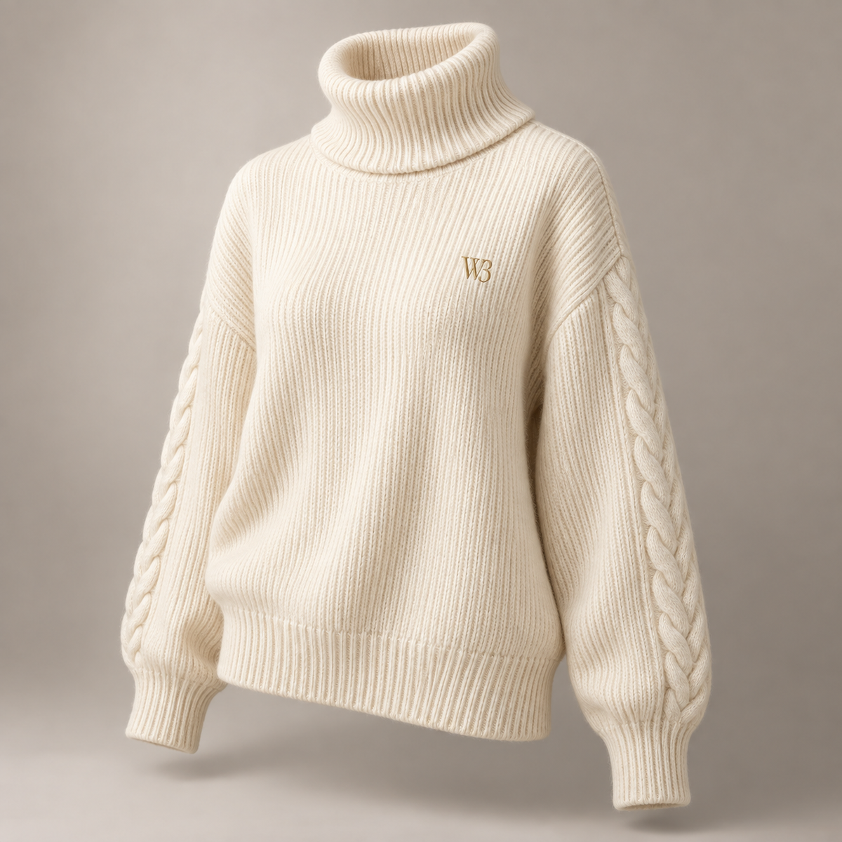 W3 Ivory Cable High-Neck Sweater in Ivory Cream