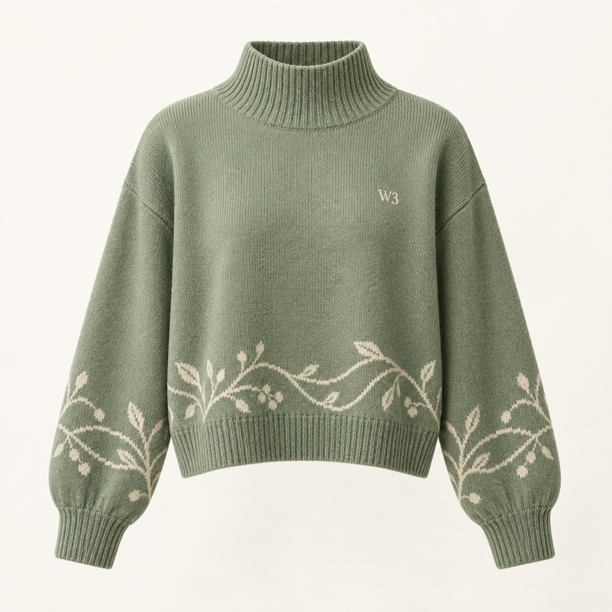 W3 Sage Botanical High-Neck Sweater in Sage Green
