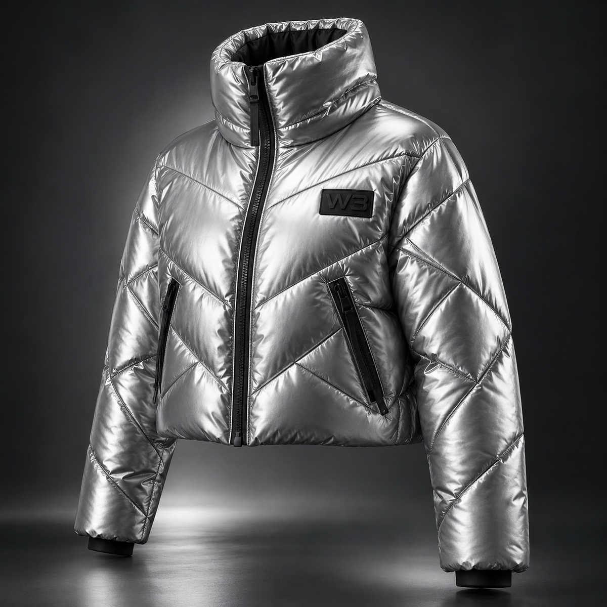 W3 Silver Tech Cropped Puffer in Metallic Silver
