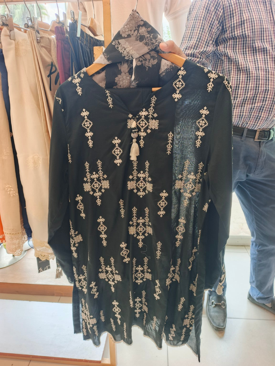 Midnight Gold Motif Lawn 3-Piece Suit in Black with Antique Gold