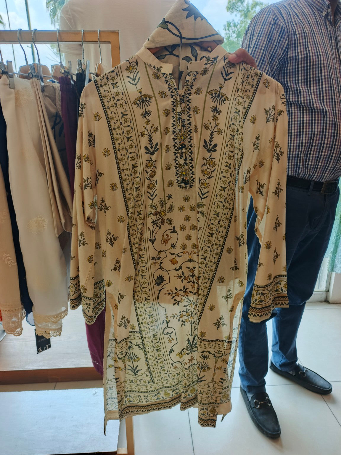Sand Botanica Printed Lawn 3-Piece Suit in Sand Beige with Olive and Mustard Print