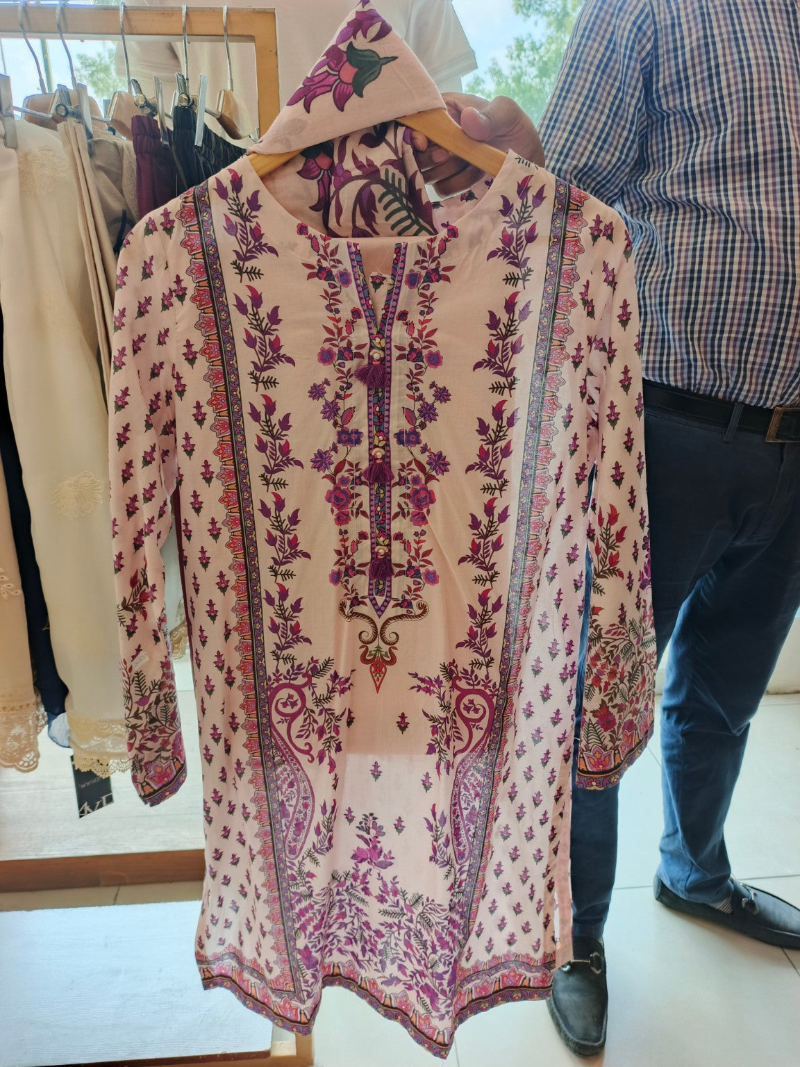 Rosewood Bloom Printed Lawn 3-Piece Suit in Soft Peach with Plum Floral Print