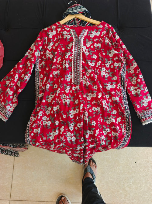Crimson Blossom Lawn 3-Piece Suit in Crimson Red with White Floral Print