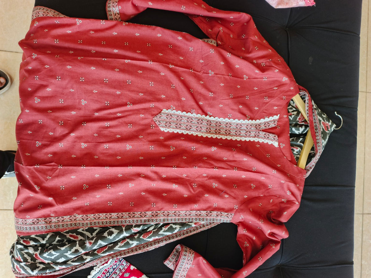 Maroon Heritage Lawn 3-Piece Suit in Maroon Red with Ivory Motifs