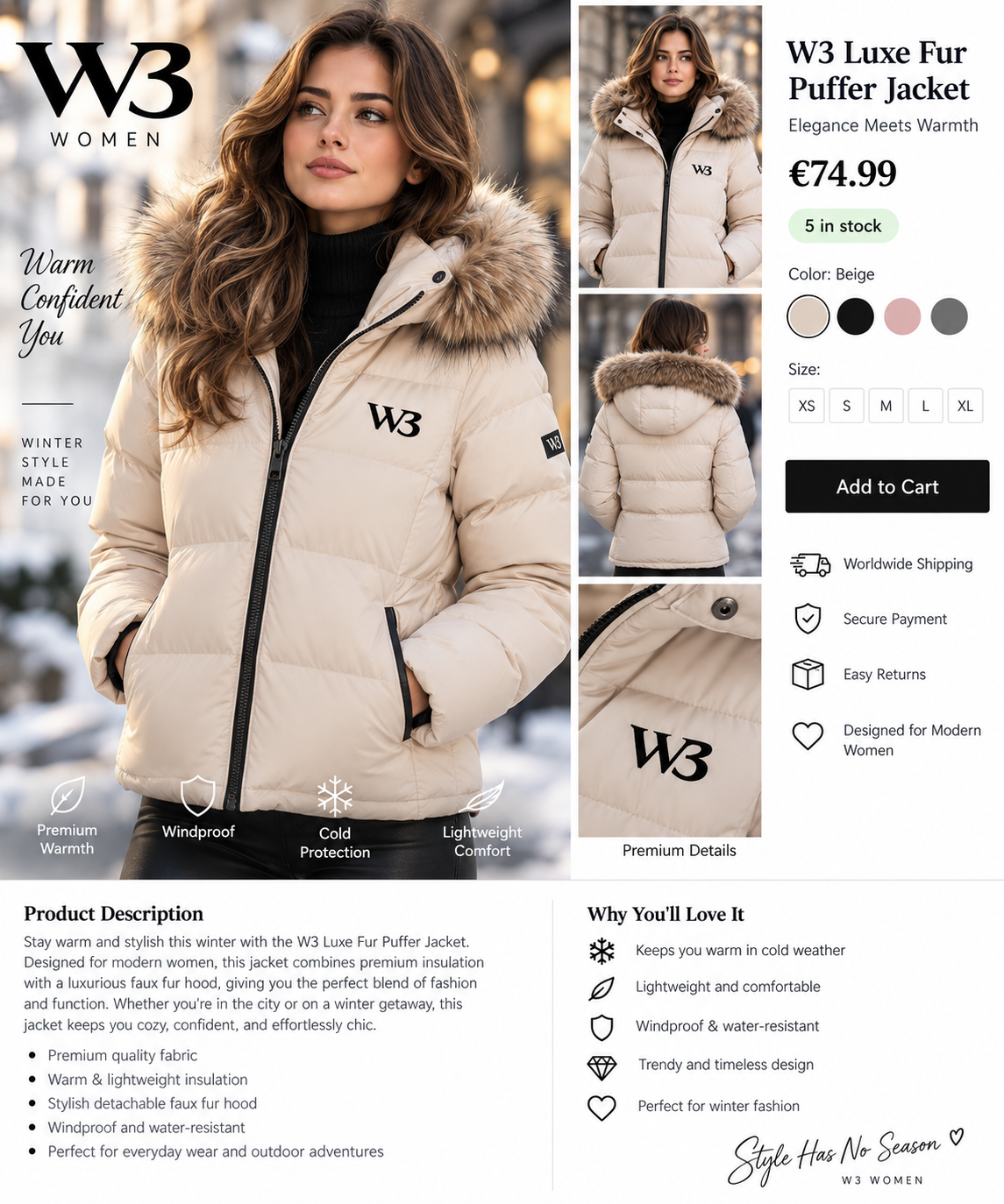 W3 Luxe Fur Puffer Jacket