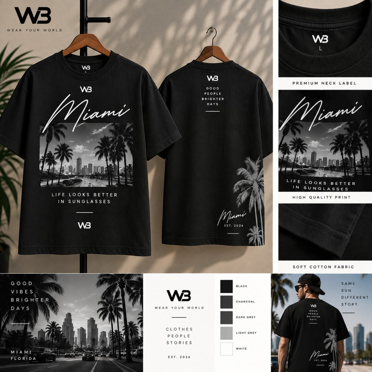 W3 Miami Monochrome Black Tee