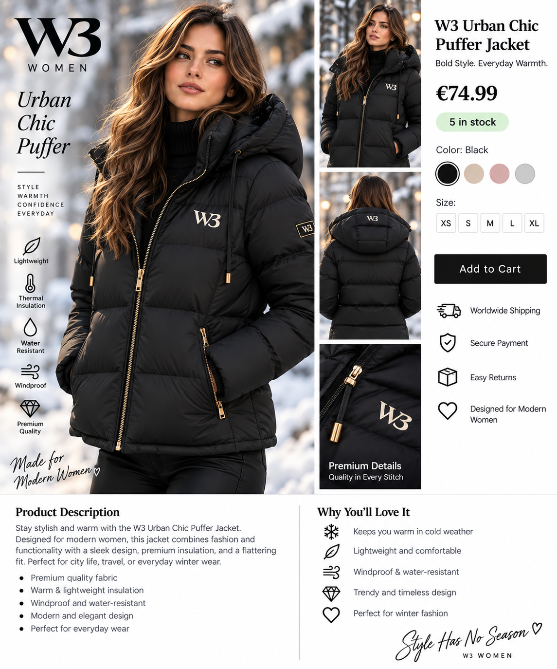 W3 Urban Chic Puffer Jacket