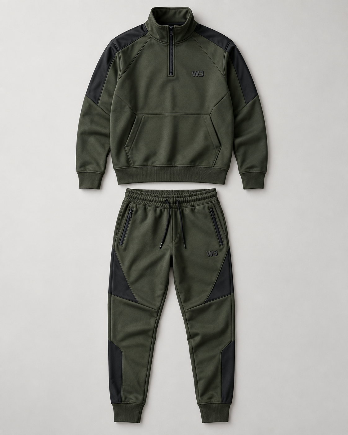 W3 Urban Olive Half-Zip Tracksuit — W3 premium unisex tracksuit